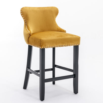 Contemporary Velvet Upholstered Wing-Back Barstools With Button Tufted Decoration And Wooden Legs, And Chrome Nailhead Trim, Leisure Style Bar Chairs, Bar Stools (Set of 4) - Gold