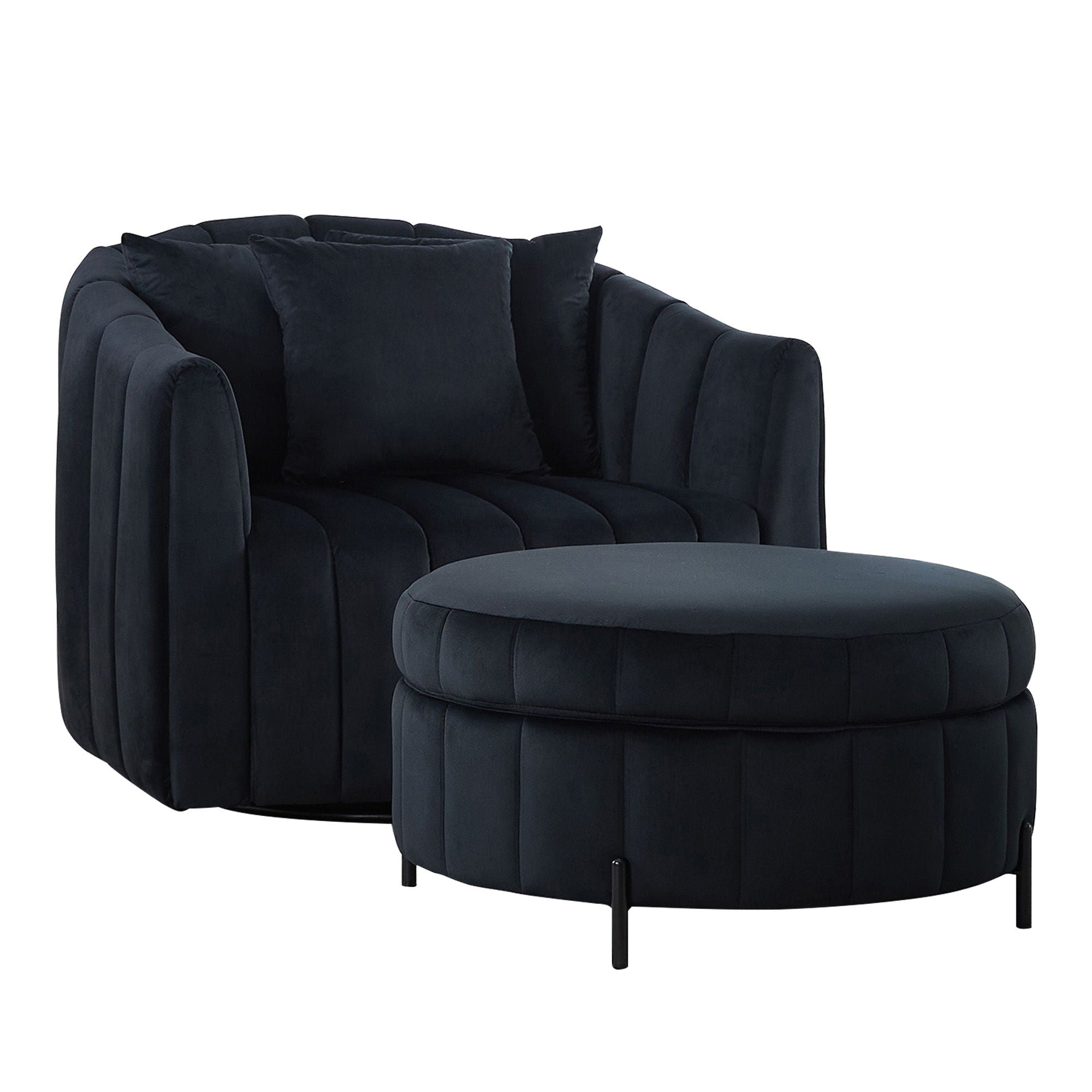 Oversized Swivel Barrel Accent Chair And Ottoman Set With Storage - Black