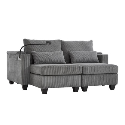 Convertible Chaise Lounge Loveseat Sofa Bed With USB Ports, Cup Holders, Phone Holder, Ample Storage - Gray