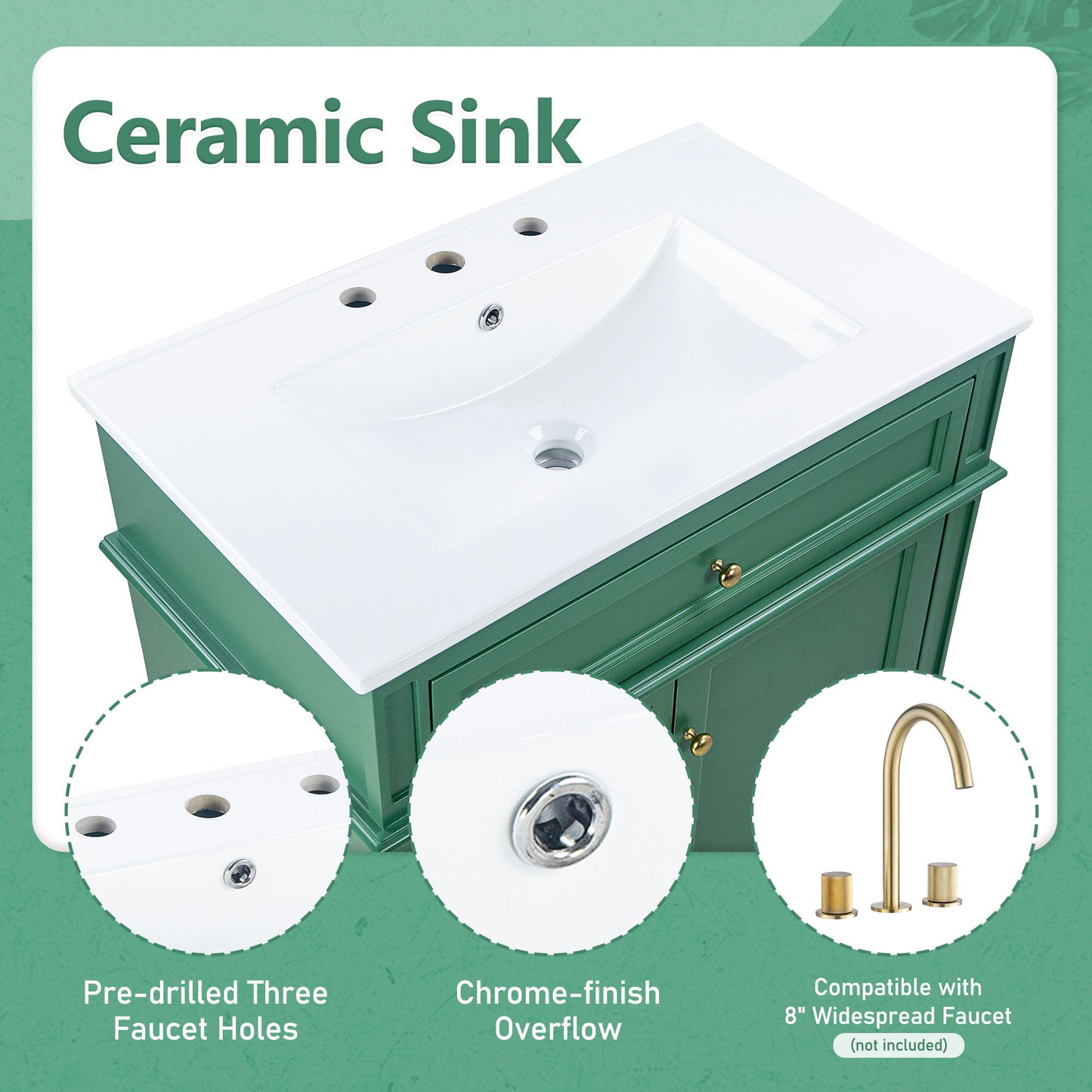 30" Bathroom Vanity With Sink, 1 Tip Out Drawer, 3 Drawers, Door Shelf, Soft Closing Door - Green