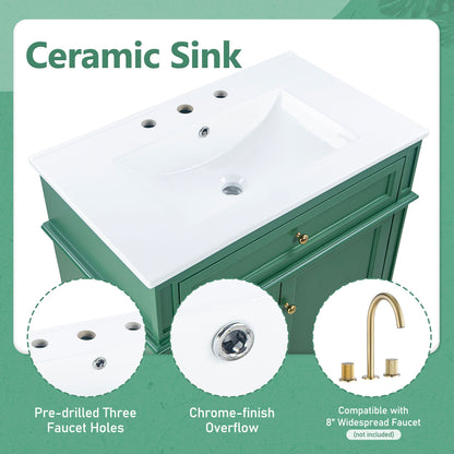 30" Bathroom Vanity With Sink, 1 Tip Out Drawer, 3 Drawers, Door Shelf, Soft Closing Door - Green