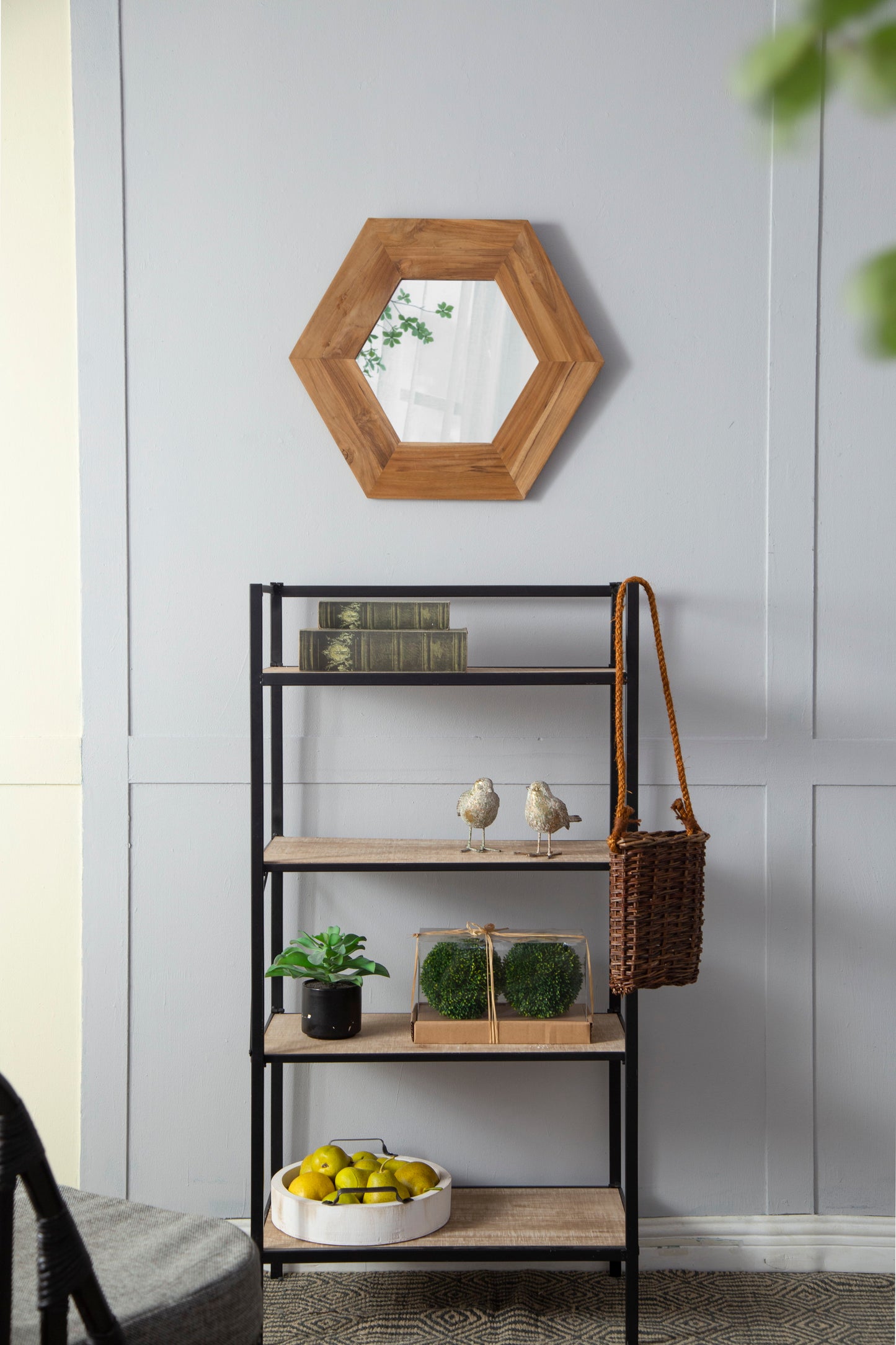 Hexagon Mirror With Natural Wood Frame, Wall Decor For Living Room Bathroom Hallway - Natural