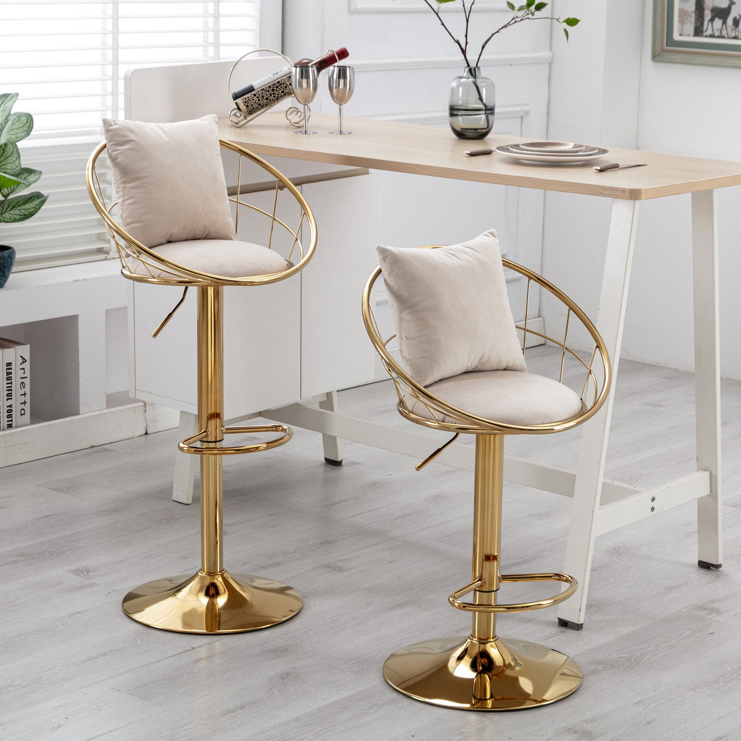Velvet Bar Chair, Pure Gold Plated, Unique Design, 360 Degree Rotation, Adjustable Height, Suitable For Dining Room And Bar, (Set of 2) - Off White