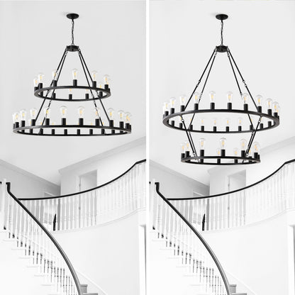 Extra Large Wagon Wheel Chandelier, 2 Tier 36 Lights (No Include) Farmhouse Industrial Round High Ceiling Pendant Light Adjustable Chain, For Dining Room, Living Room, Kitchen - Black