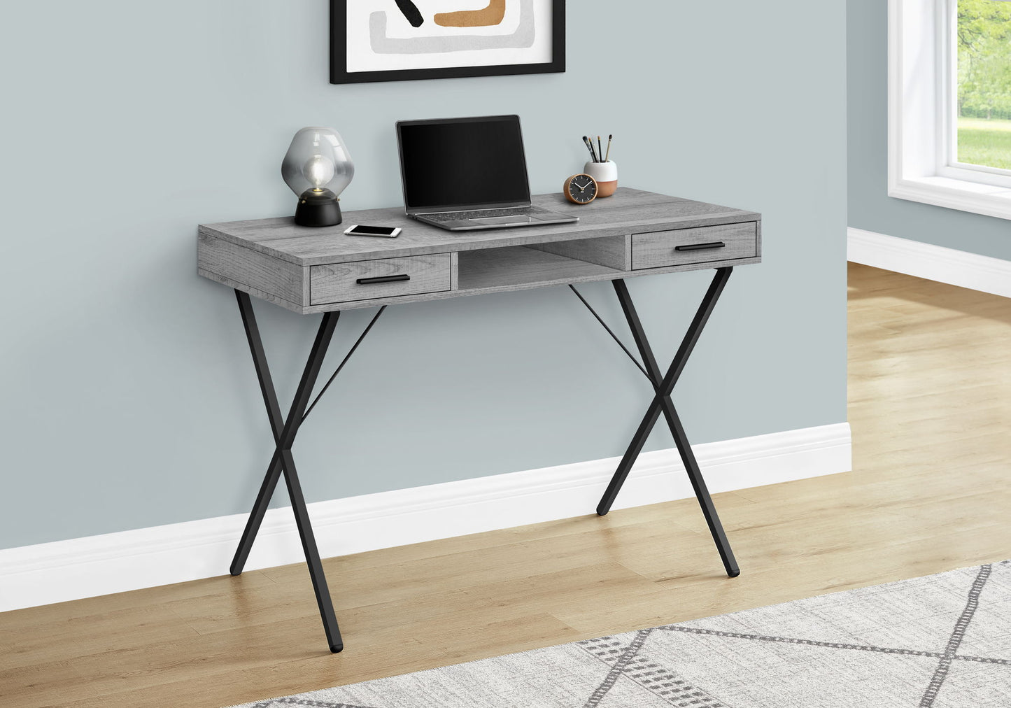 Computer Desk, Home Office, Laptop, Left, Right Set-Up, Storage Drawers, Work, Contemporary, Modern - Gray