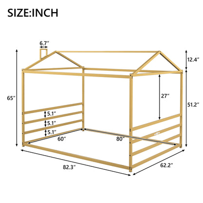 Queen Metal House Shape Platform Bed - Gold