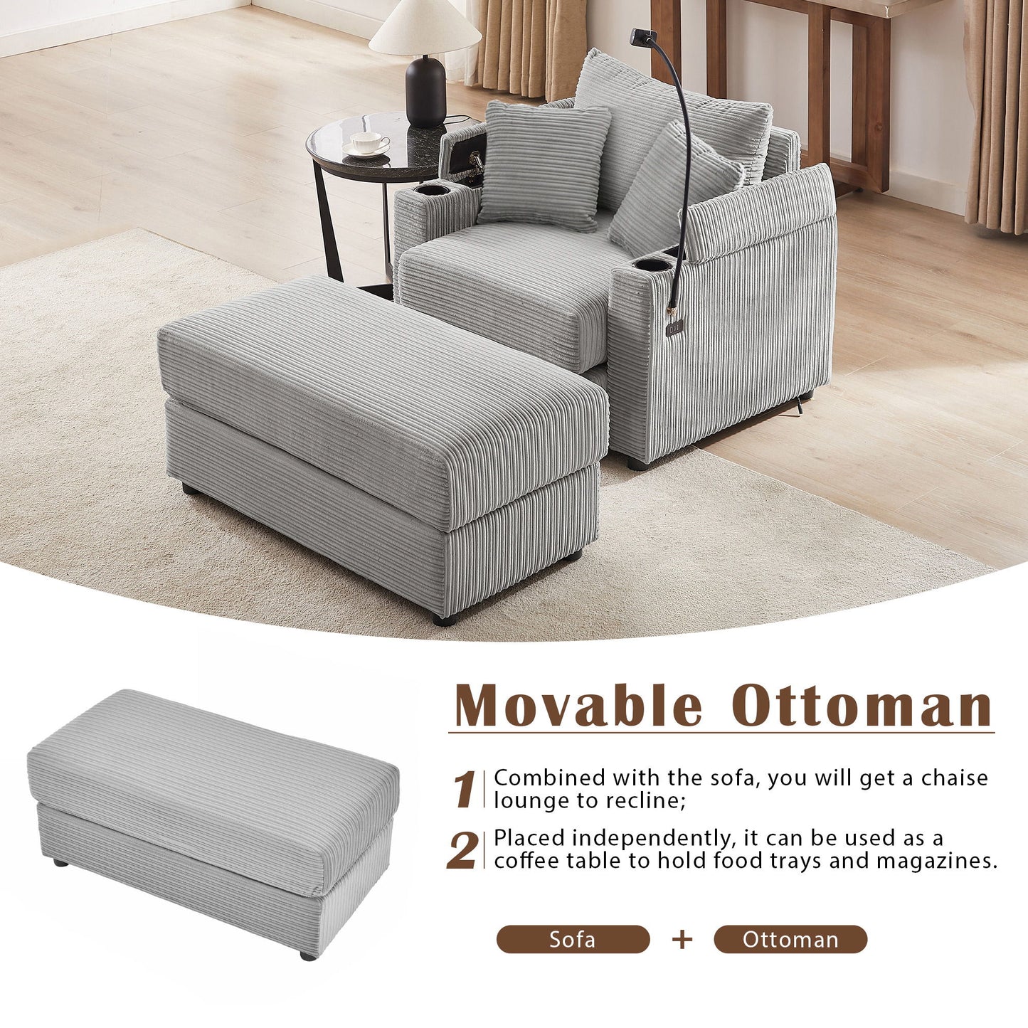 Modern Style Single Sofa Sofa Couch With Storage Space, A Movable Ottoman, Two USB Ports, Two Cup Holders, A Phone Holder For Living Room - Gray
