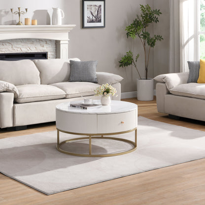 Modern Round Coffee Table With Drawers, Faux Marble, Metal Frame - Off White
