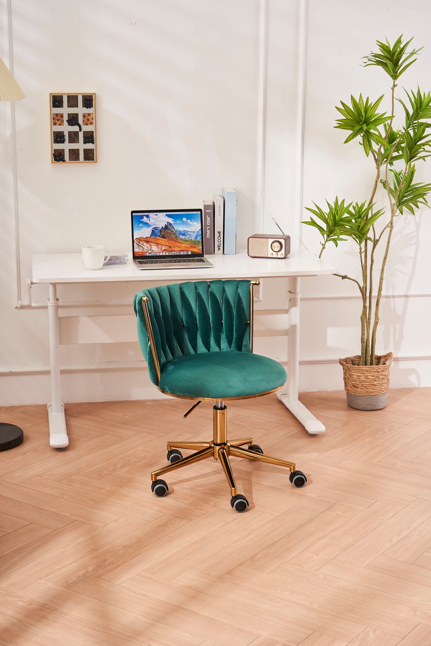 Office Desk Chair, Upholstered Home Office Desk Chairs With Adjustable Swivel Wheels, Ergonomic Office Chair For Living Room, Bedroom, Office, Vanity Study - Emerald