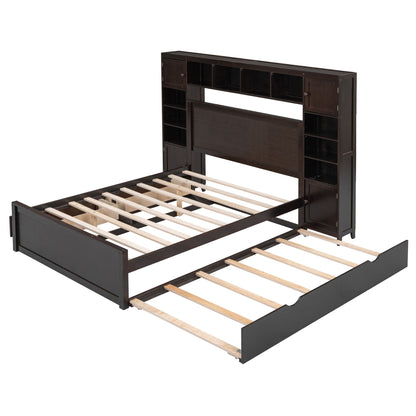 Full Size Bed With All In One Cabinet, Shelf And Sockets, Twin Size Trundle - Espresso