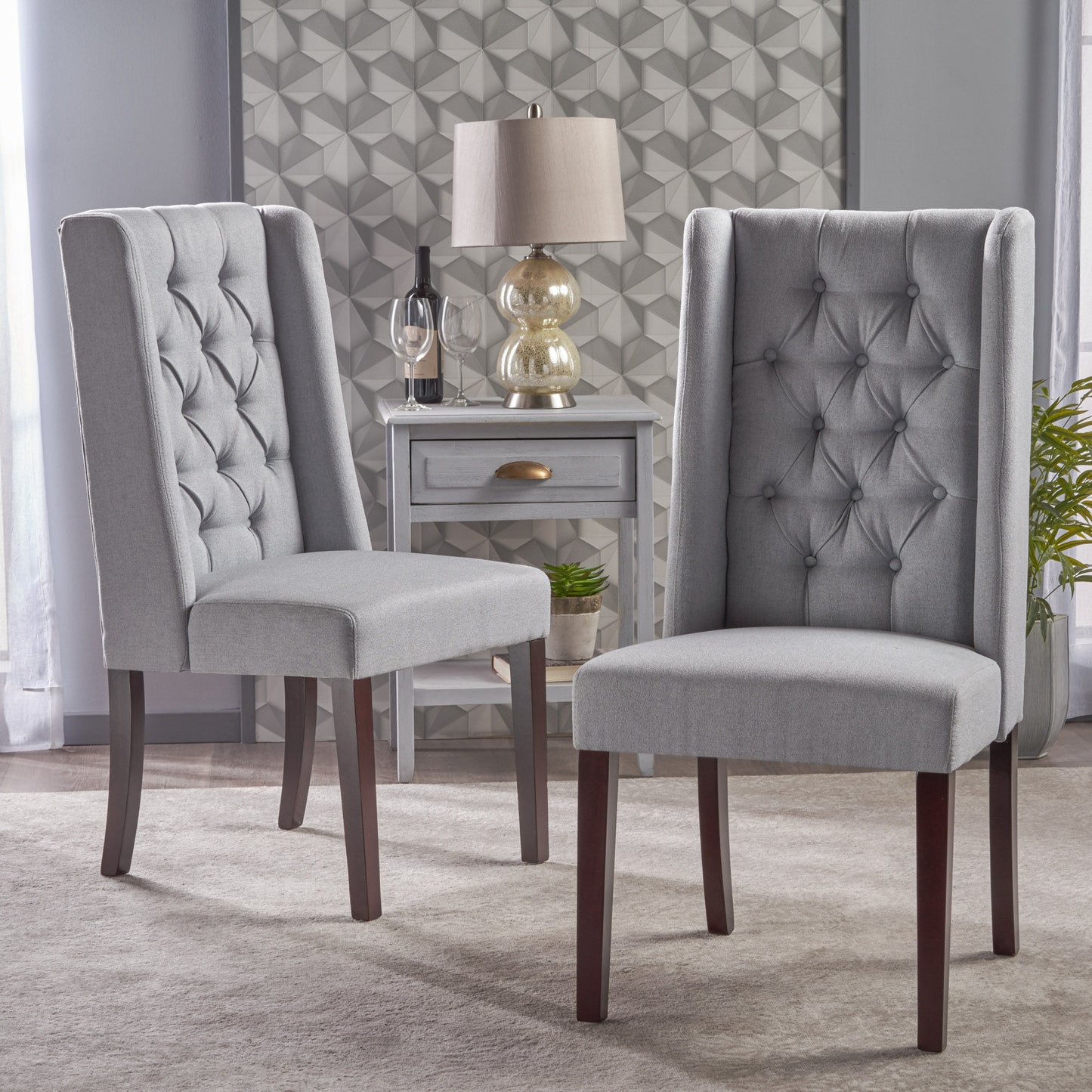 Sophisticated Tufted Dining Chair (Set of 2) With High Back And Birch Wood Legs - Light Gray