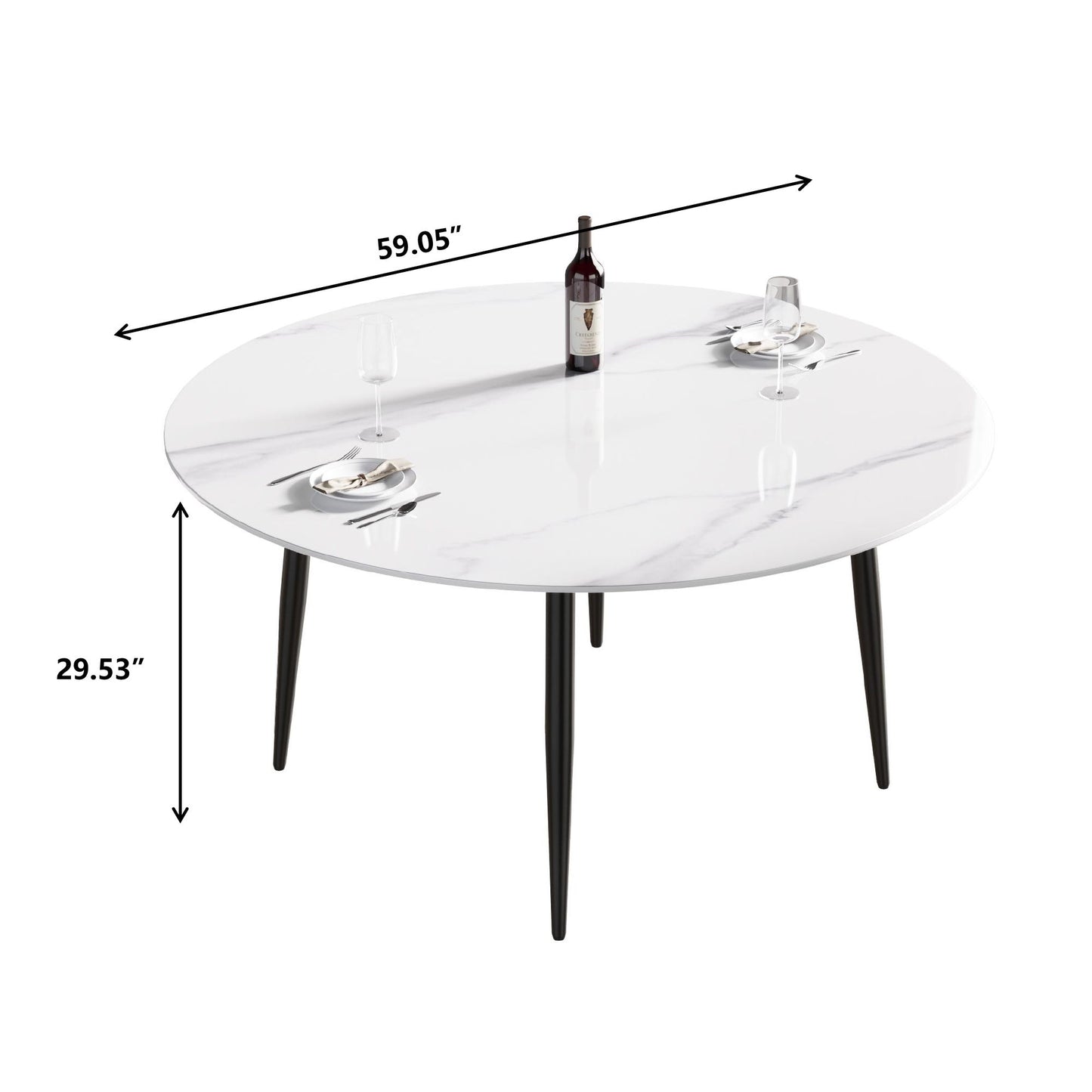 59.05" Modern Man-Made Stone Round Metal Dining Table-Position For 6 People - White / Black