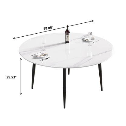 59.05" Modern Man-Made Stone Round Metal Dining Table-Position For 6 People - White / Black
