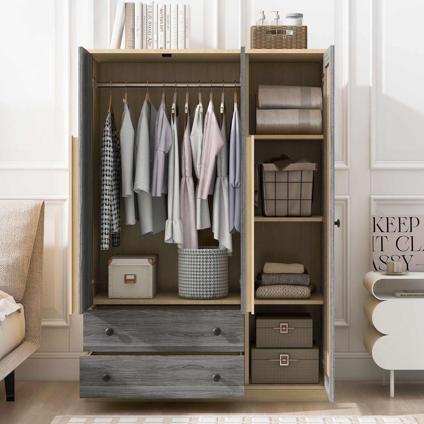 3 Doors Rattan Wardrobe Storage For Bedroom, With 2 Drawers - Gray / Nature