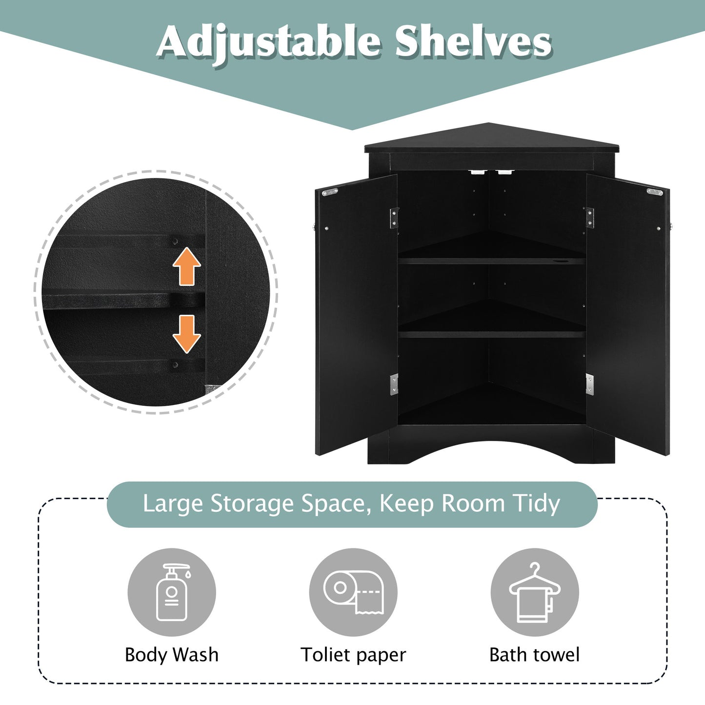 Triangle Bathroom Storage Cabinet With Adjustable Shelves, Freestanding Floor Cabinet For Home Kitchen - Black
