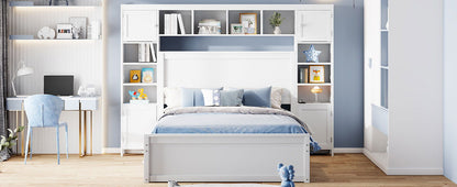 Full Size Bed With All In One Cabinet, Shelf And Sockets, Twin Size Trundle - White