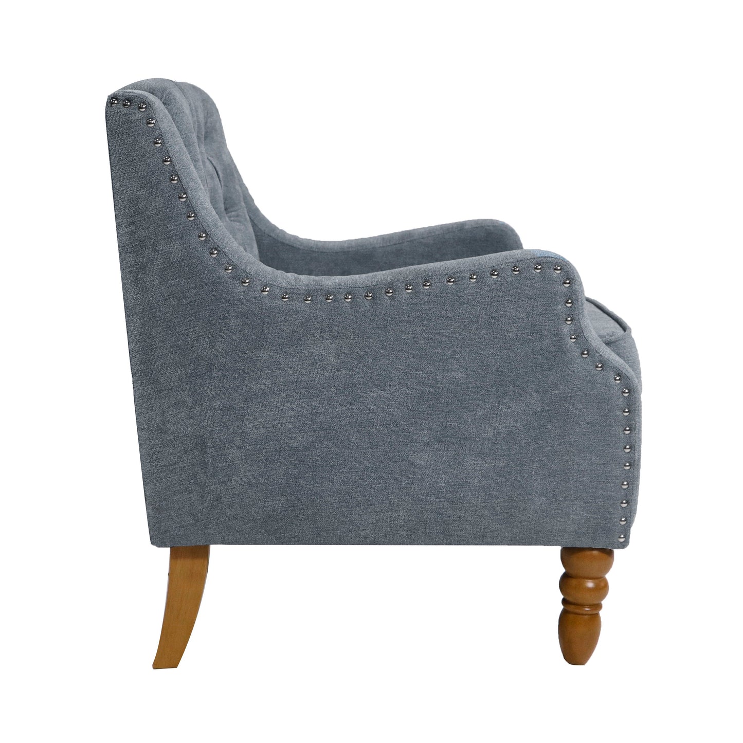 Accent Chair, Living Room Chair, Footrest Chair Set With Vintage Brass Studs, Button Tufted Upholstered Armchair For Living Room, Comfy Reading Chair For Bedroom, Reception Room - Gray