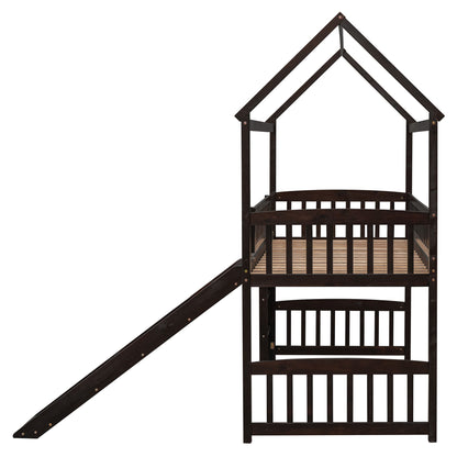 Twin House Loft Bed With Slide - Espresso
