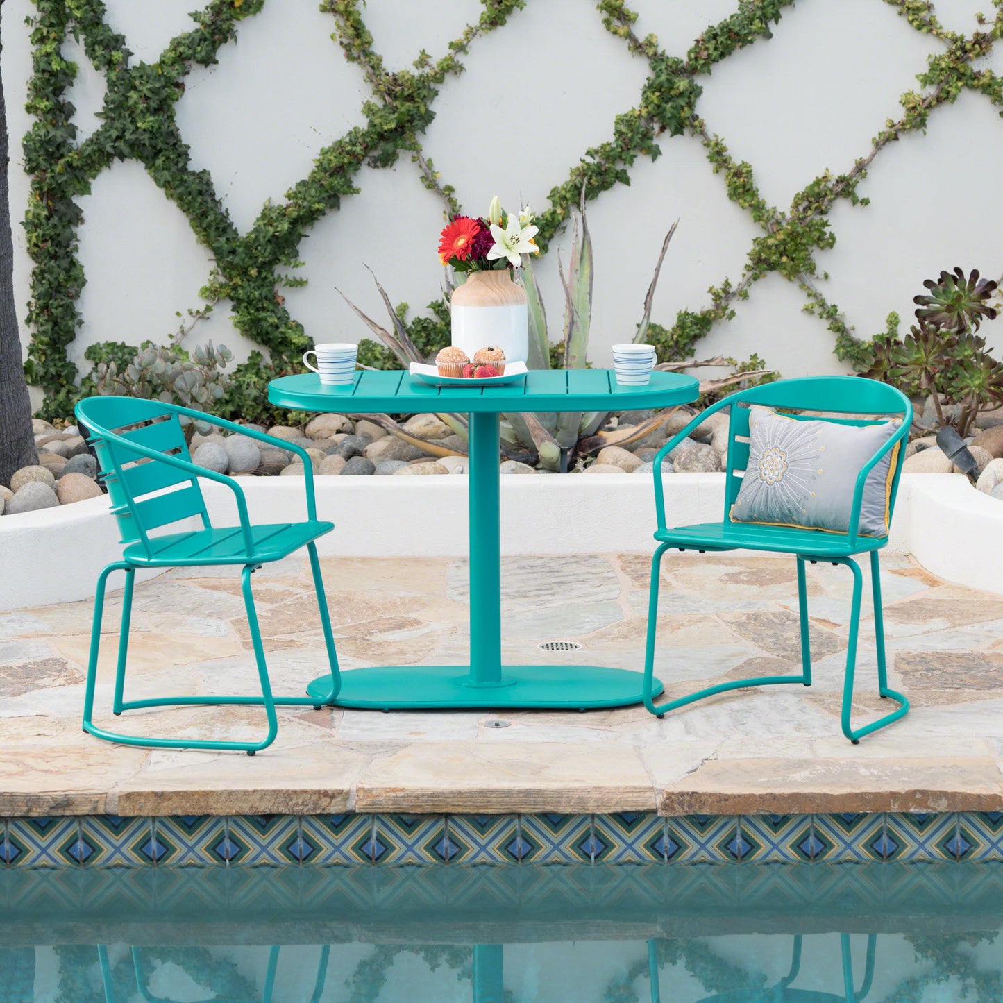 3 Piece Elegant Outdoor Bistro Set With 2 Chairs And Oval Table - Teal