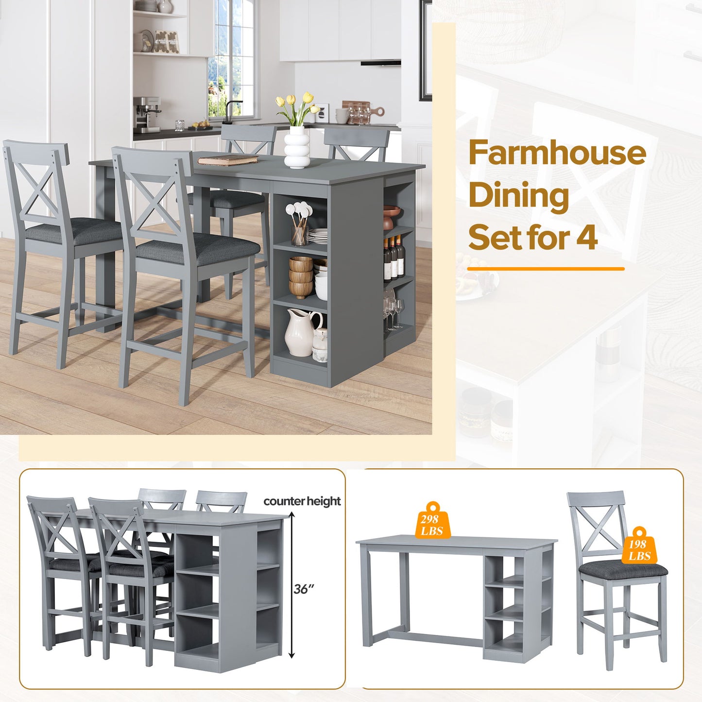 Solid Wood Farmhouse Counter Height Dining Table Set With 3 Tier Storage Shelves, Upholstered Dining Chairs For 4, 5 Piece - Gray