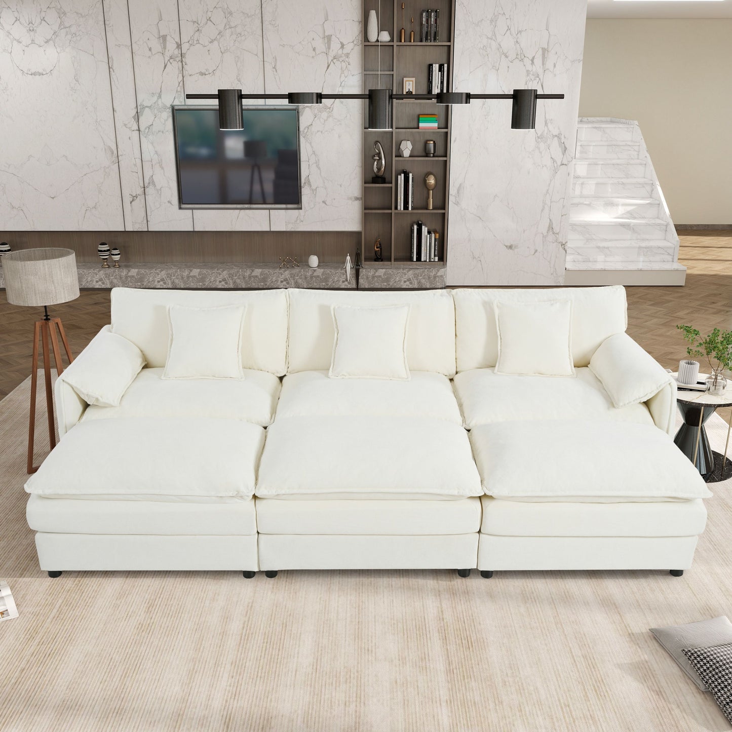 Modular Oversized Deep Seat Sectional Cloud Sofa Sleeper With 3 Ottomans & Soft Pillows - Beige