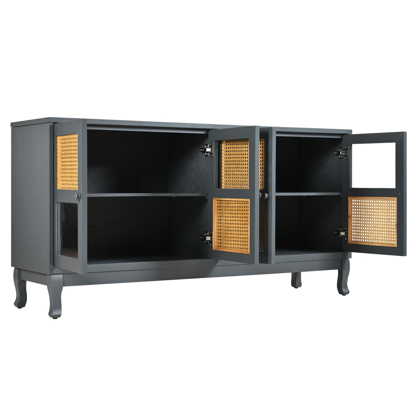 Retro Industrial Gray 4 Door Sideboard With Large Storage, Rattan And Glass Doors - Antique Dark Gray / Rattan