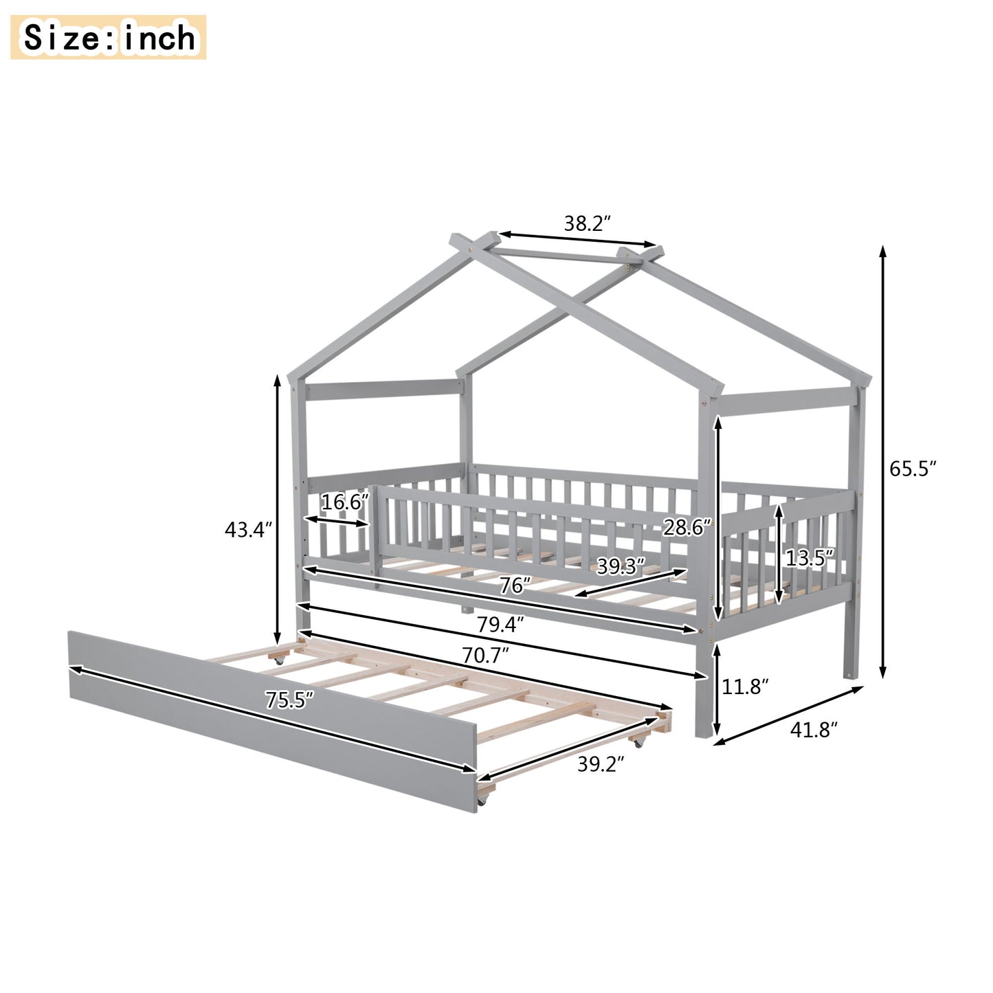 Twin Size House Bed & Twin Size Trundle - Gray