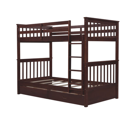 Twin Over Twin Bunk Bed With Ladders And 2 Storage Drawers - Espresso