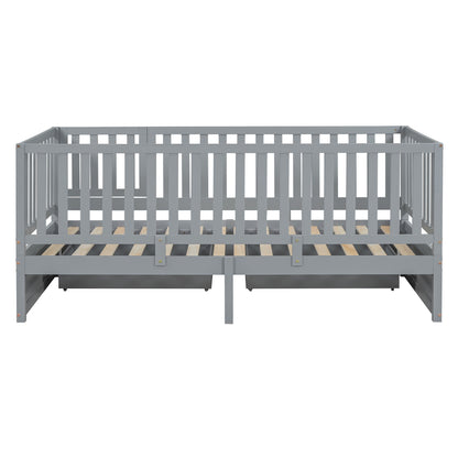 Twin Size Daybed With Fence Guardrails And 2 Drawers, Split Into Independent Floor Bed & Daybed - Gray