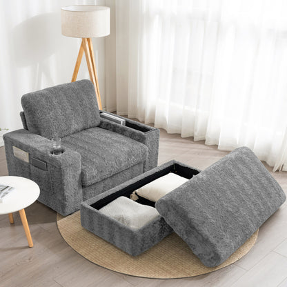 Oversized Chaise Lounge Indoor Rabbit Fur Sofa Bed With Storage Ottoman And Armrests Cup Holders With Deep Seat - Gray