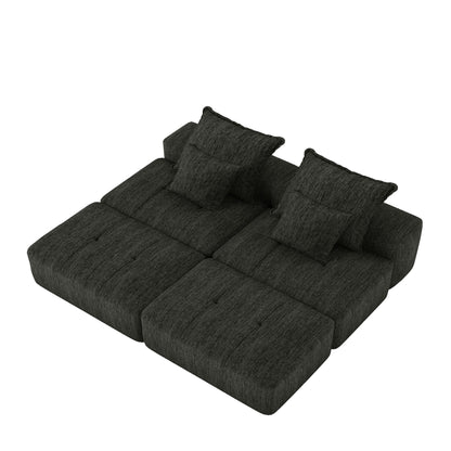 Modern Oversized Modular Sectional Sofa With 2 Ottoman And 2 Seat, Sparkling Chenille Fabric Soft Cushion Sofa With 4 Pillows, 4 Pieces Diy Combination Tufted Sofa, No Assembly Required - Black