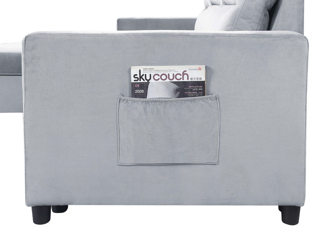 Ivy - Velvet Reversible Sleeper Sectional Sofa With Storage Chaise And Side Pocket - Light Gray