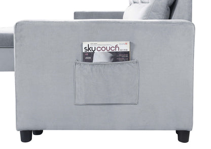Ivy - Velvet Reversible Sleeper Sectional Sofa With Storage Chaise And Side Pocket - Light Gray