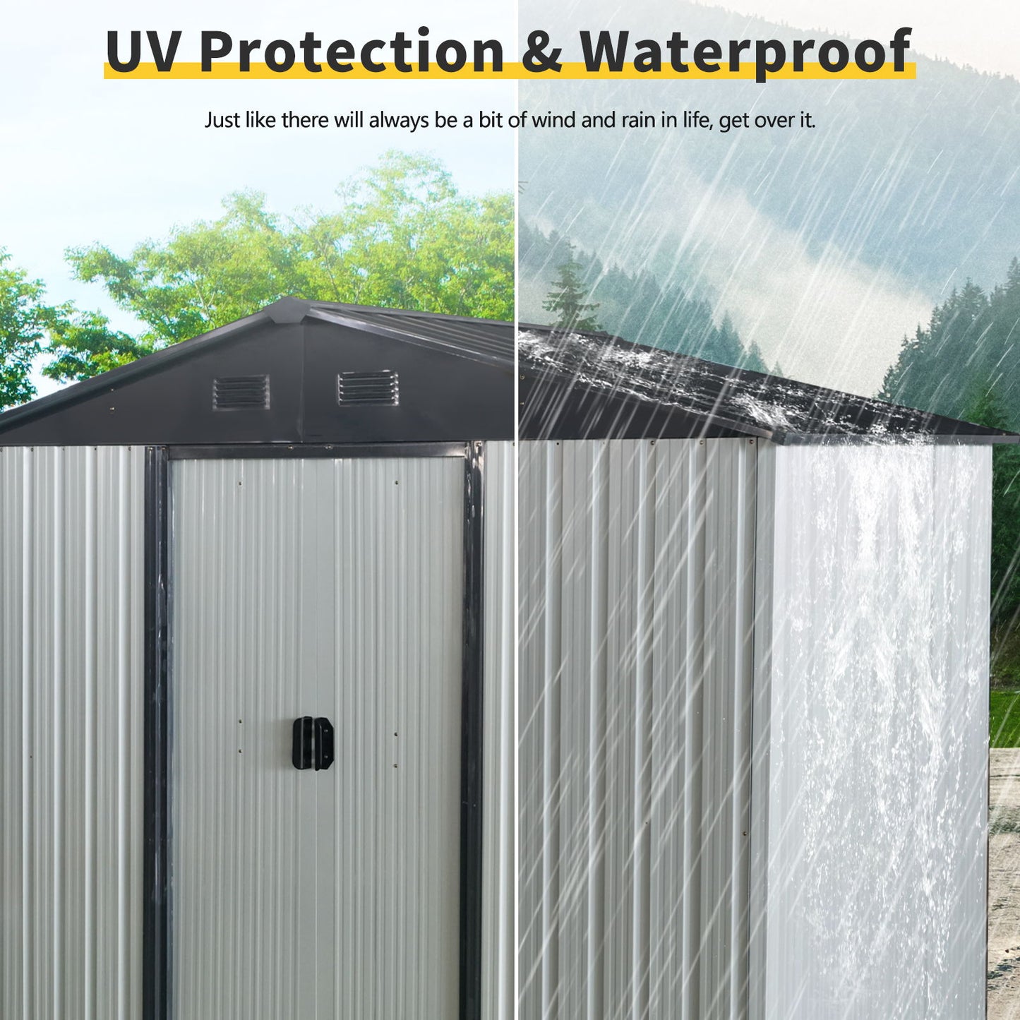 8Ft X 4Ft Outdoor Metal Storage Shed With Sliding Door And Foundation For Backyard, Patio, Lawn - White / Black