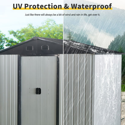 8Ft X 4Ft Outdoor Metal Storage Shed With Sliding Door And Foundation For Backyard, Patio, Lawn - White / Black