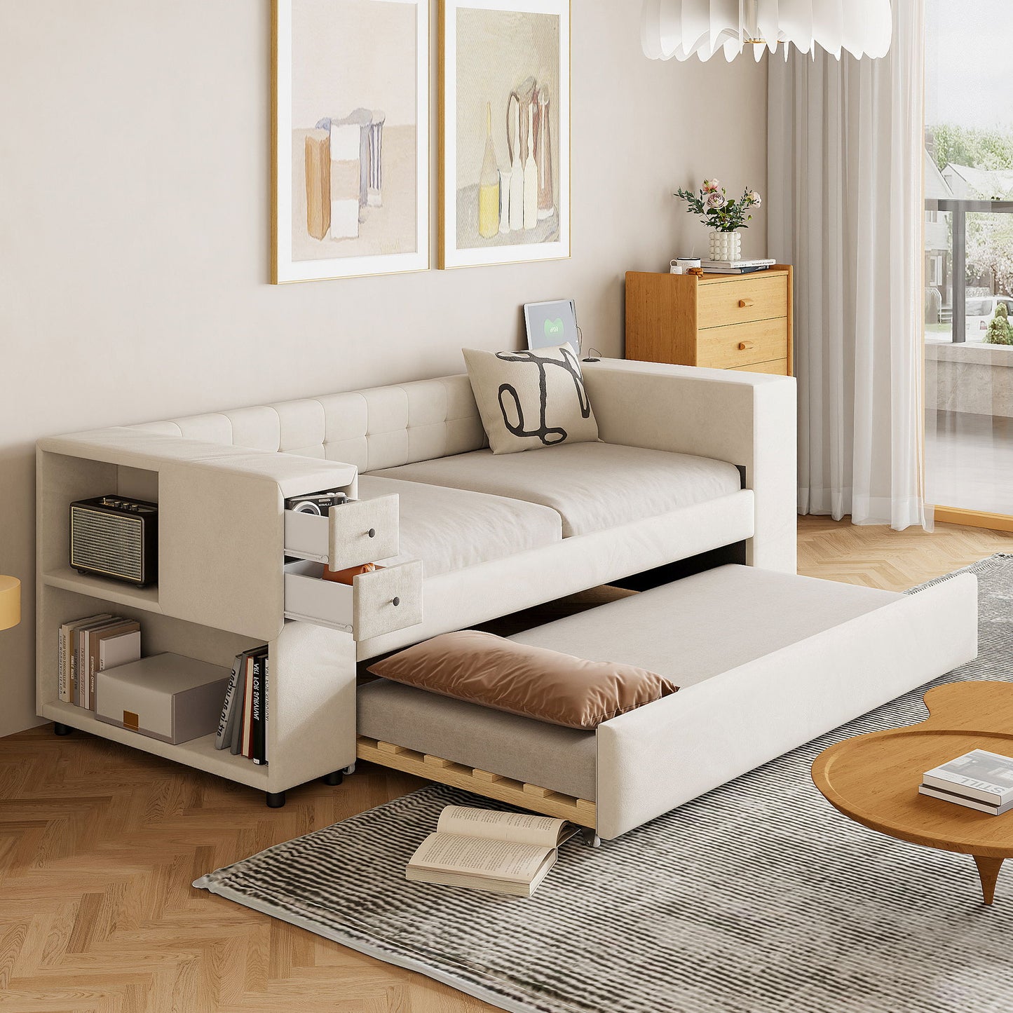 Twin Upholstered Bed With Storage And Twin Trundle, USB Charging Ports - Beige