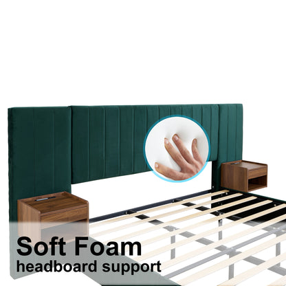 Upholstered King Size Bed Frame Of Velvet Tufted Headboard With Floating Nightstand LED / USB Built-In - Dark Green