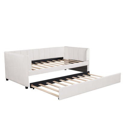 Twin Size Upholstered Daybed With Ergonomic Design Backrest And Trundle - Beige
