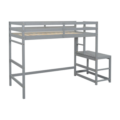 Twin Size High Loft Bed With Ladder Landing Platform, Ladders, Guardrails - Gray