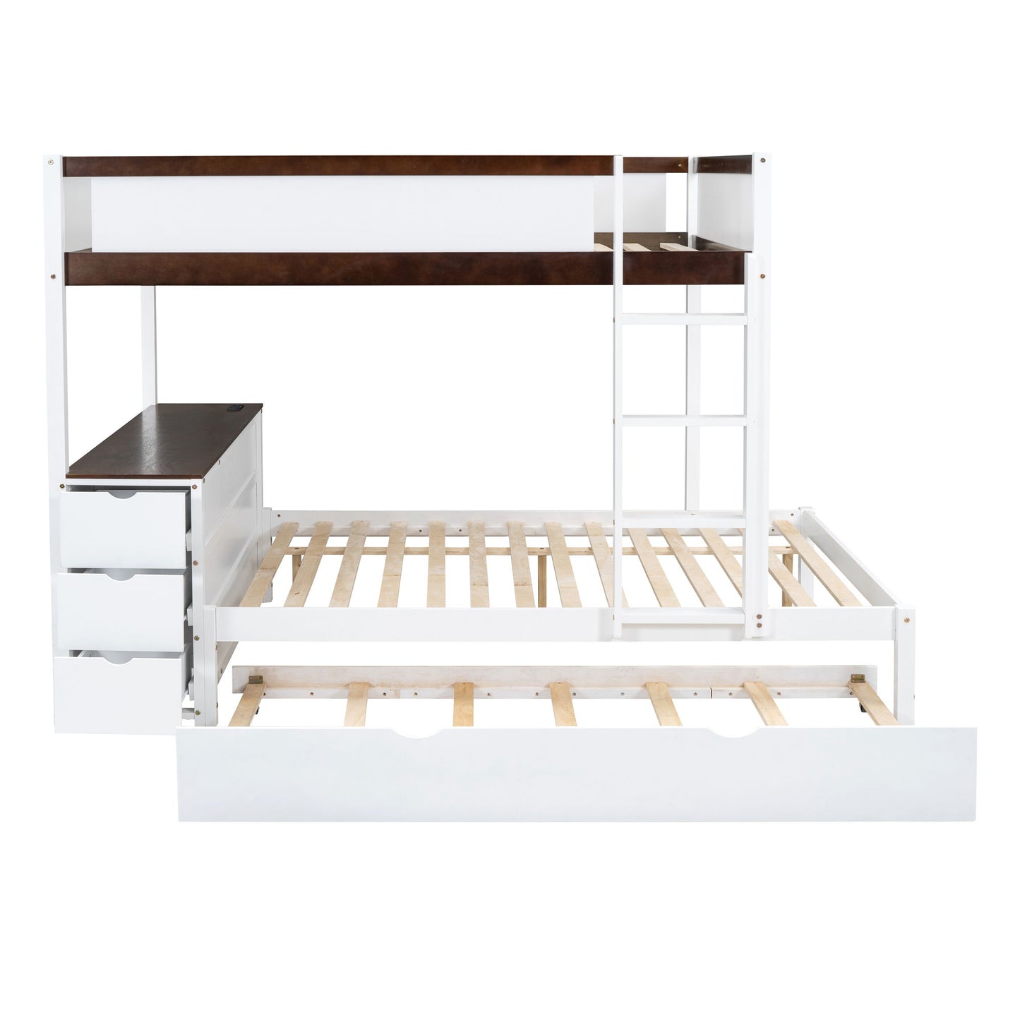 Full Over Full Bunk Bed With Twin Size Trundle, Storage And Desk - White / Walnut