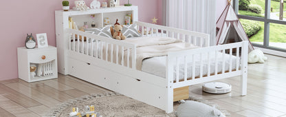 Twin Size Bed With Headboard Storage Rack, 2 Under Bed Drawers, 3 - Side Guardrails For Safety And Security - White