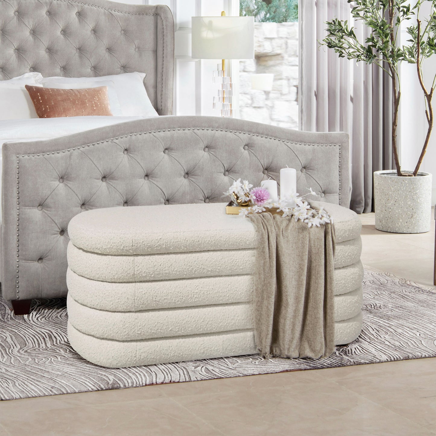 Fuji - Upholstered Oval Storage Bench - Ivory White