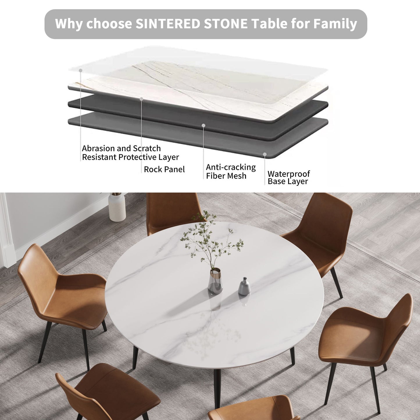 59.05" Modern Man-Made Stone Round Metal Dining Table-Position For 6 People - White / Black