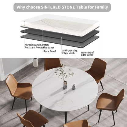 59.05" Modern Man-Made Stone Round Metal Dining Table-Position For 6 People - White / Black