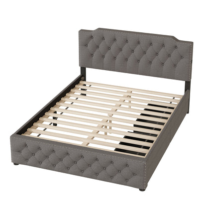 Queen Size Upholstered Platform Bed With 2 Drawers And 2 Sets Of USB Ports On Each Side - Gray
