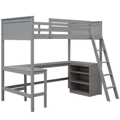 Twin Size Loft Bed With Shelves With Desk - Gray