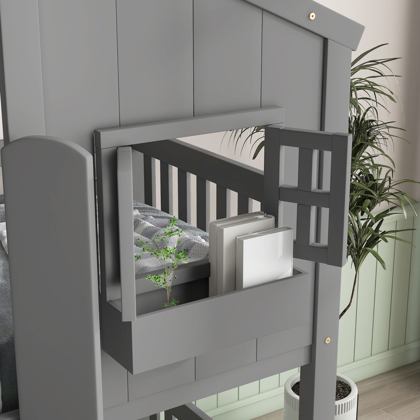 Twin Over Twin House Bunk Bed With Roof, Window, Window Box, Door, With Safety Guardrails And Ladder - Gray