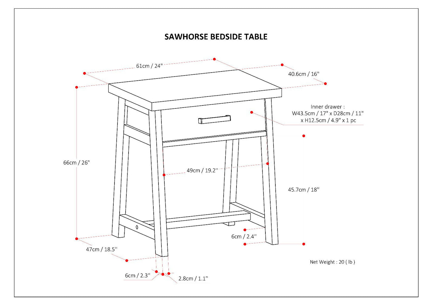 Sawhorse - Bedside Table - Dark Chestnut Brown