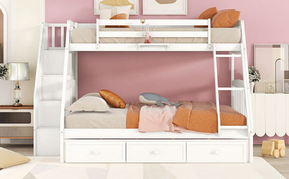 Twin Over Full Bunk Bed With Drawers, Ladder And Storage Staircase - White