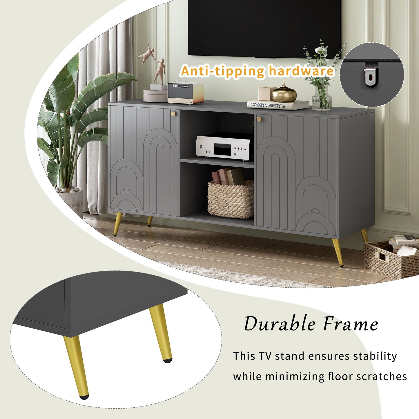 Modern TV Stand For TVs Up To 55", Entertainment Center Media Console, Adjustable Shelf, Metal Legs, Handles And Anti-Tip Device For Living Room - Gray